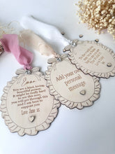 Load image into Gallery viewer, Personalised Wooded Ruffle Bow Keepsake Gift Sign
