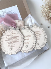 Load image into Gallery viewer, Personalised Wooded Ruffle Bow Keepsake Gift Sign