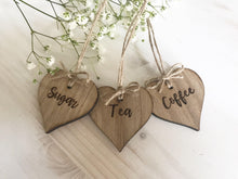 Load image into Gallery viewer, Tea Coffee Sugar Engraved Oak Heart Labels
