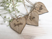 Load image into Gallery viewer, Tea Coffee Sugar Engraved Oak Heart Labels

