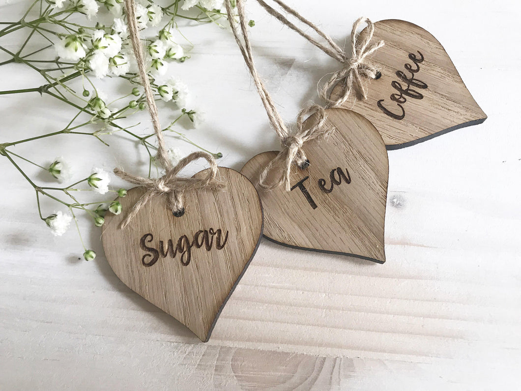 Tea Coffee Sugar Engraved Oak Heart Labels